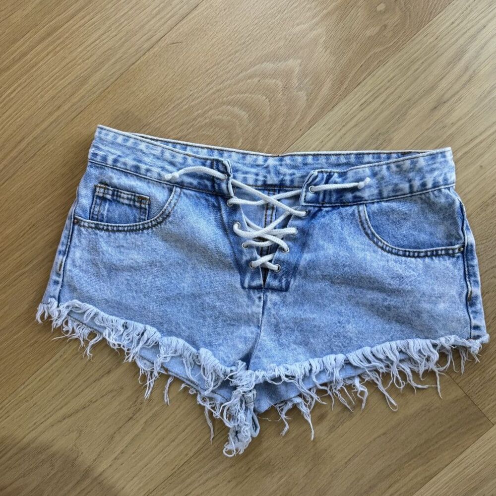 Y2K Lace Up Distressed Denim Micro Shorts